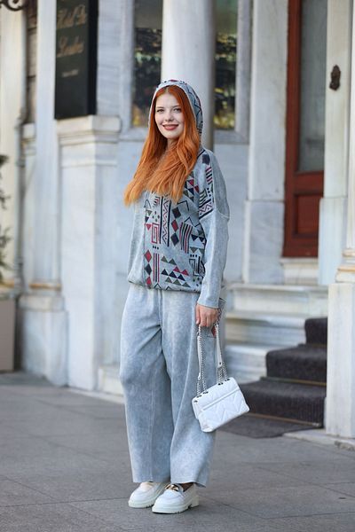 AYASOFYA OTANTIK Gray Ethnic Patterned Hooded Blouse and Pants Cotton Knitwear 2-Piece Women's Set
