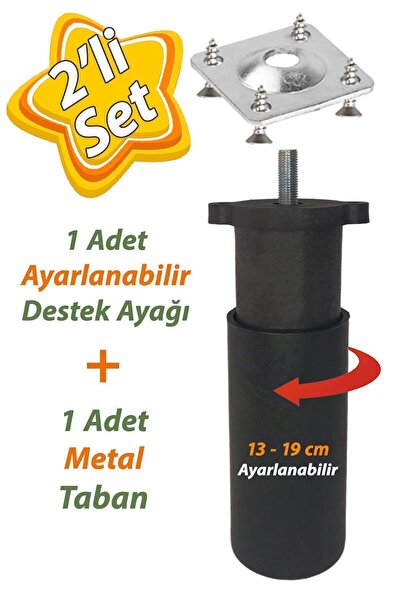 GLASWEN Destek Ayağı 13-19 cm Siyah ve Metal Düz Ayak Tabanı M8 Civatalı İnce...