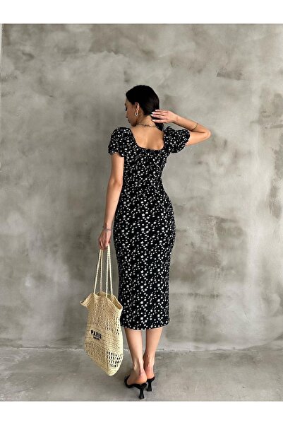 EnterStore Yazlık Çiçek Desen Karpuz Kol Yırtmaç Detay Elbise