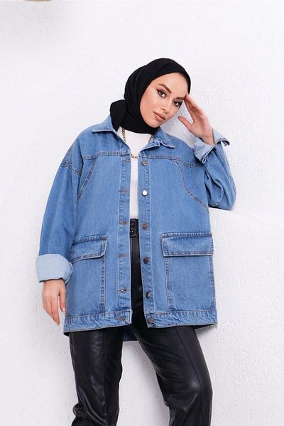 lurex moda Τζιν μπουφάν με λεπτομέρεια τσέπης