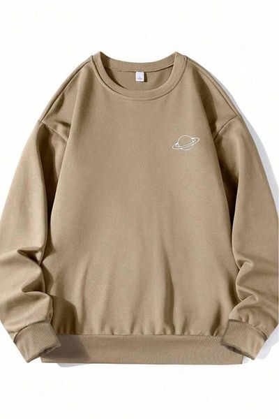 NO 601 Μπεζ φούτερ Unisex - Planet Printed, Crew Neck