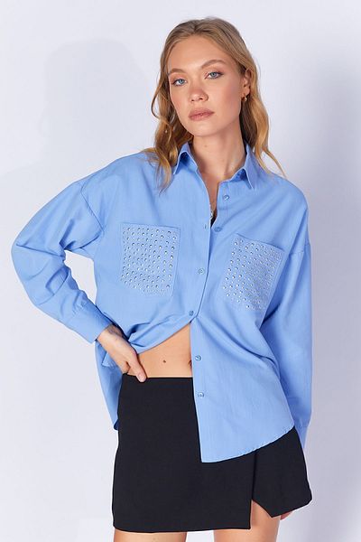 EDITION Oversize Blue Poplin Women's Shirt - Stone Detailed Additional1000168772-8772