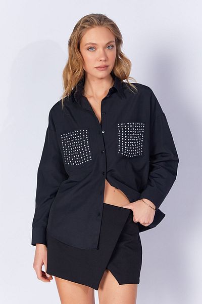 EDITION Oversize Black Poplin Women's Shirt - Stone Detailed Additional1000168772-8772