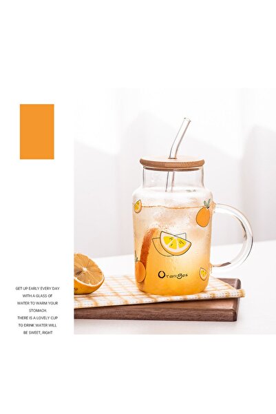 Livava كوب زجاجي برتقالي مع ماصة، برتقالي، 12×7