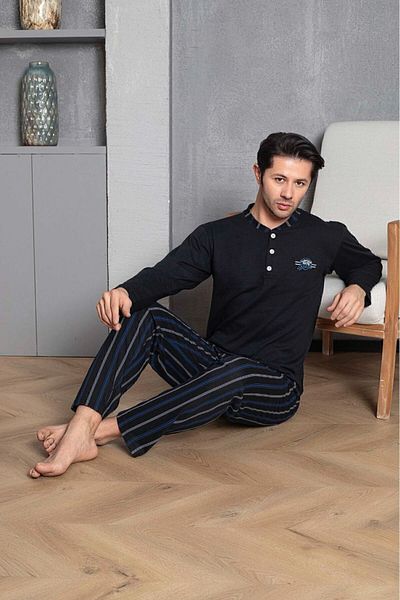 Moon Line Black Combed Cotton Men's Pajama Set - Long Sleeve and Striped Bottom