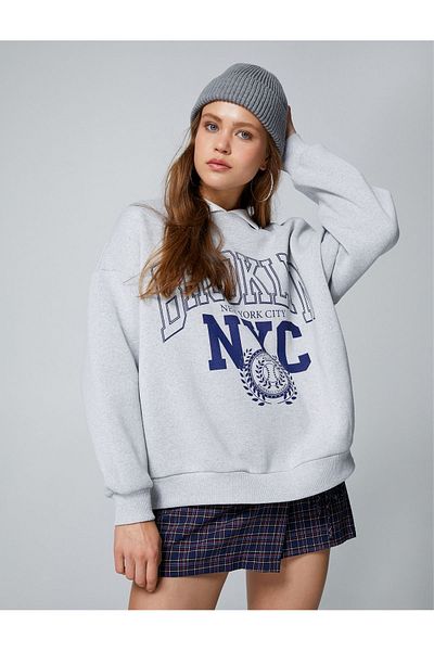 Koton Oversize College Sweatshirt Polo Neck Printed