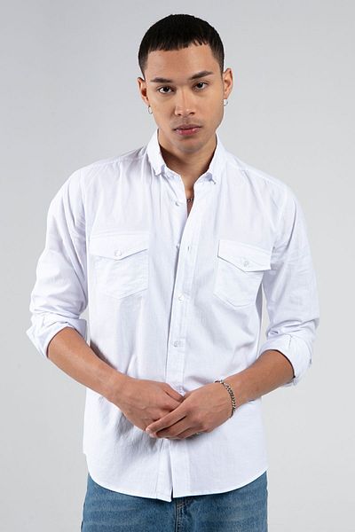 MAN EDITION Men's Slim Fit White Shirt - Double Pocket Cover Ee1008783-8783