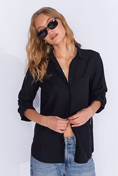 EDITION WOMAN Γυναικείο πουκάμισο με λινό εφέ μαύρο - με τσέπες |   Mks 16342...