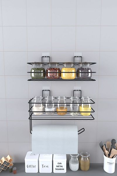 EVA METAL TASARIM 2-piece Metal Paper Towel Holder - Adhesive Black Spice Stand Kitchen Shelf
