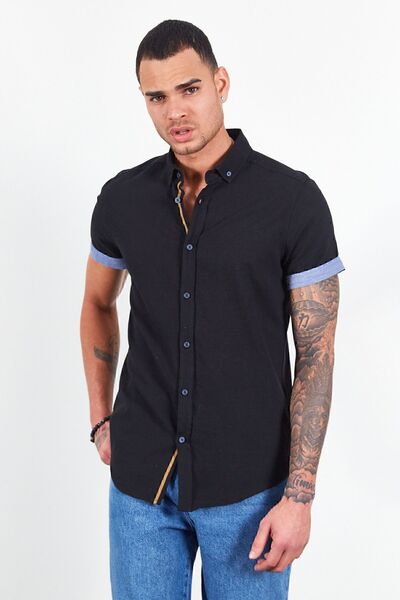 Manche Linen Effect Black Short Sleeve Shirt - Mes111873-01