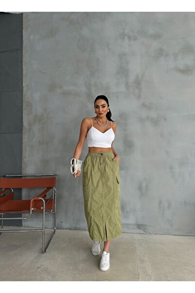 Zeo Basic PARAŞÜT KUMAŞ MİDİ ETEK BEL VE PAÇA LASTİKLİ KARGO CEPLİ