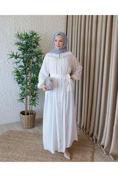 H HİJAB CENTER Medine Bead Embroidered Robani Silk Ferace - Height 145 cm