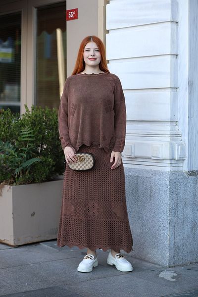 AYASOFYA OTANTIK Brown Ethnic Patterned Round Neck Blouse and Skirt Cotton Knitwear 2-Piece Set - Women