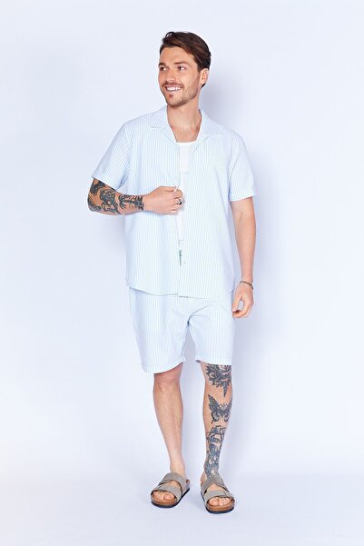 MAN EDITION Мъжка риза - сини райета, джоб, къс ръкав, мандарин яка Ee100114629-4629