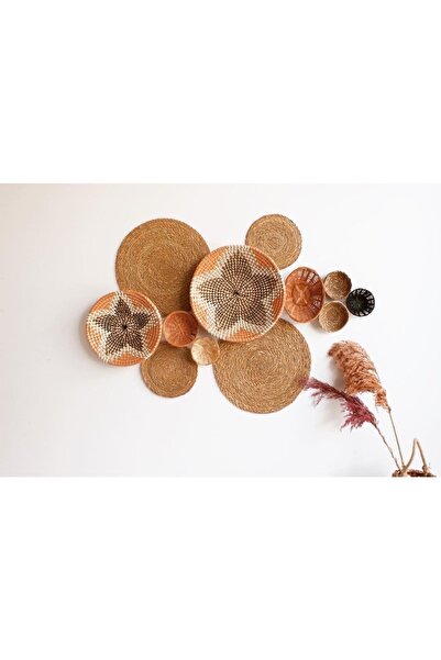 Emeksanatı Hasır Duvar Tabak Seti 12’li Turuncu Detaylı