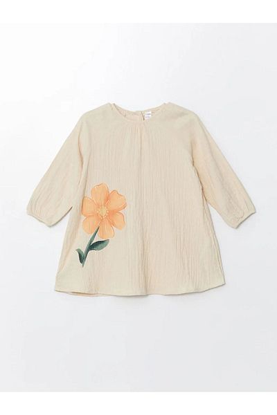 LC Waikiki Lcw Baby - Light Beige Baby Girl Dress, Long Sleeve and Floral Print