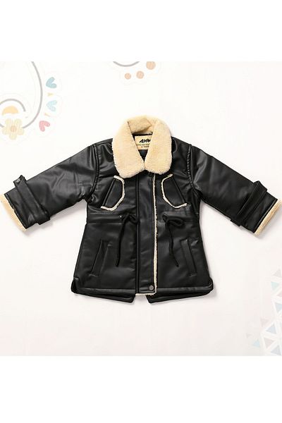 Go Veform Black Leather Coat - Baby Girl and Child Avm2104