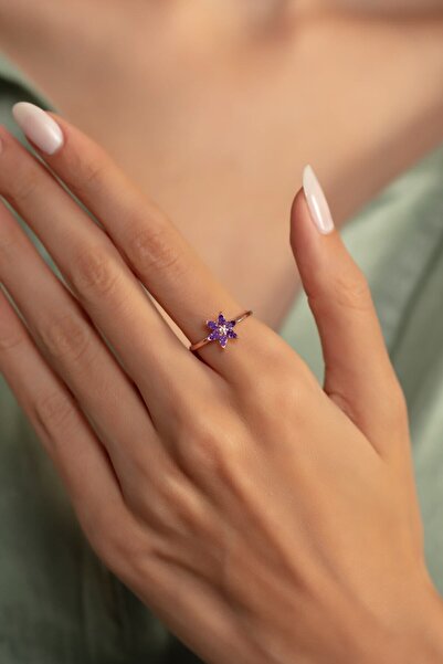 SUNSHINE 925 Ayar Rose Kaplamalı Mor Taşlı Çiçek Gümüş Yüzük