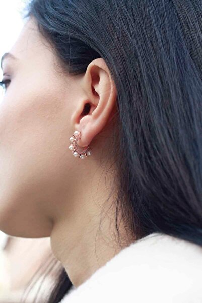 SUNSHINE 925 Ayar Rose Kaplamalı Incili Ve Beyaz Taşlı Dikenli Tasarım Gümüş Küpe