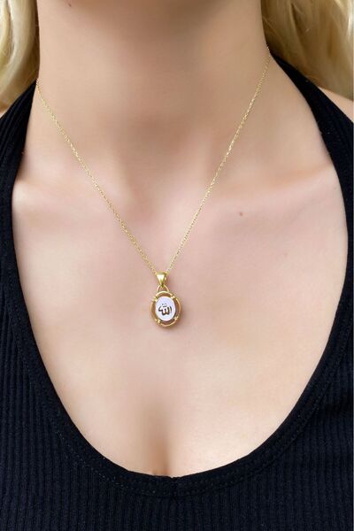 SUNSHINE 925 Ayar Gold Kaplamalı Beyaz Mineli Allah Yazılı Gümüş Kolye