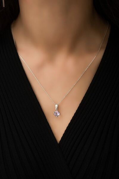 SUNSHINE 925 Ayar Rodyum Kaplamalı Açık Pembe Kare Kutu Tasarım Gümüş Kolye