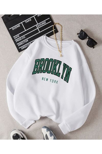 MOONBULL Unisex Λευκό Bronklyn φούτερ oversize με στάμπα