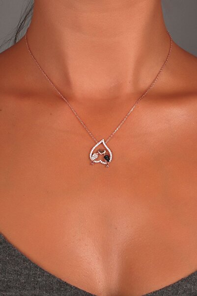 SUNSHINE 925 Ayar Rose Kaplamalı Beyaz Taşlı Kuşlu Kalp Gümüş Kolye