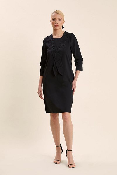 VERDA Plus Size Black Dress - Stone Printed and Scarf Detailed Cotton