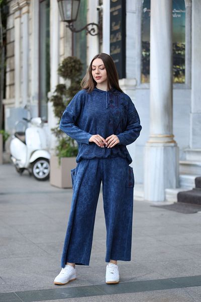 AYASOFYA OTANTIK Navy Blue Ethnic Patterned Women's Knitwear 2-Piece Set - Hooded Blouse and Pants