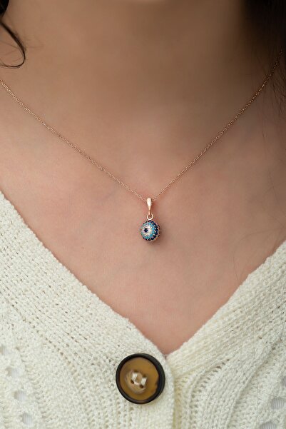 SUNSHINE 925 Ayar Rose Kaplamalı Yuvarlak Nazar Göz Gümüş Kolye