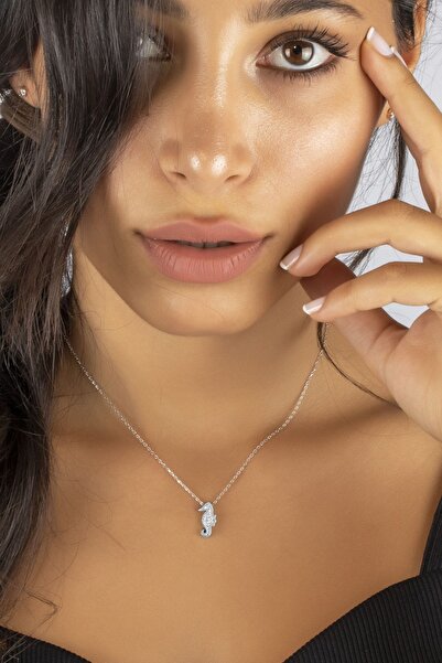 SUNSHINE 925 Ayar Taşlı Rodyum Kaplamalı Deniz Atı Gümüş Kolye