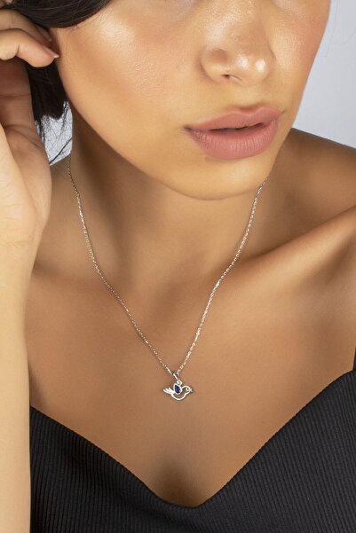 SUNSHINE 925 Ayar Rodyum Kaplamalı Laci Taşlı Kuş Tasarımlı Gümüş Kolye