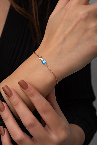 SUNSHINE 925 Ayar Rose Kaplamalı Nazar Göz Ve Mavi Mineli Balık Gümüş Bileklik