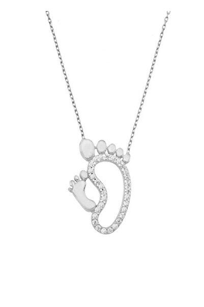 SUNSHINE 925 Ayar Rodyum Kaplamalı Beyaz Taşlı Anne Bebek Ayaklı Gümüş Kolye