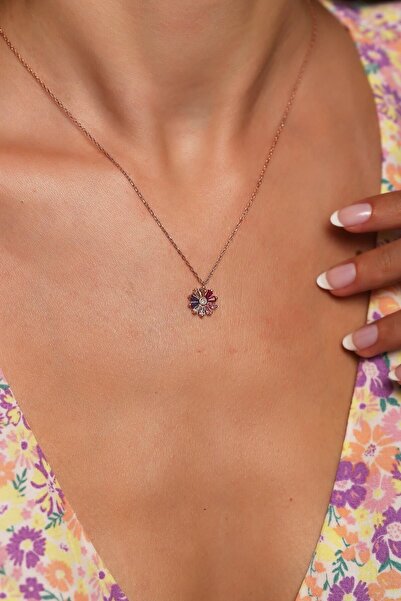 SUNSHINE 925 Ayar Rose Kaplamalı Multicolour Taşlı Çiçek Gümüş Kolye