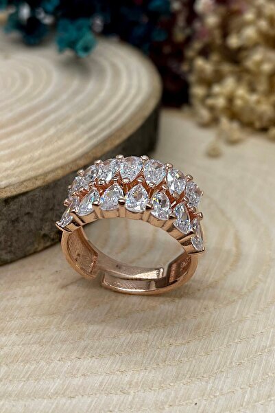 SUNSHINE 925 Ayar Rose Kaplamalı Damla Kesim Beyaz Taşlı Tasarım Gümüş Yüzük