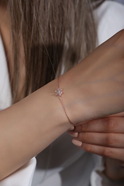 SUNSHINE 925 Ayar Rose Kaplama Beyaz Taşlı Çiçek Gümüş Bileklik