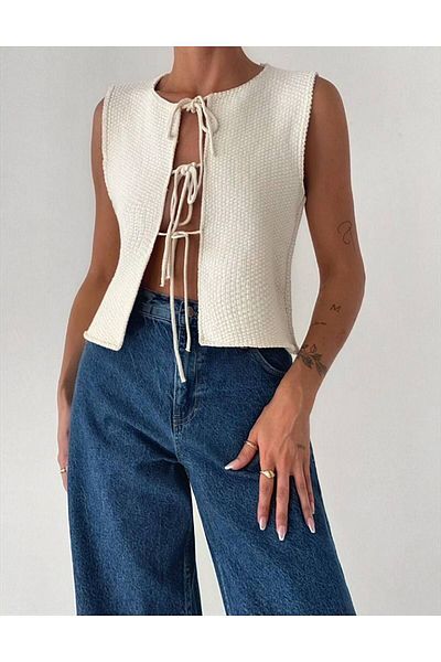LE CARAMBOLE Ecru Women's Knitwear Vest - Front Tie Detail