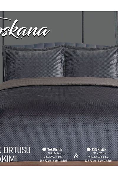 YGT Home Tuscany Velvet Bedspread - Double, Anthracite 240X260, Flounced Pillow Set