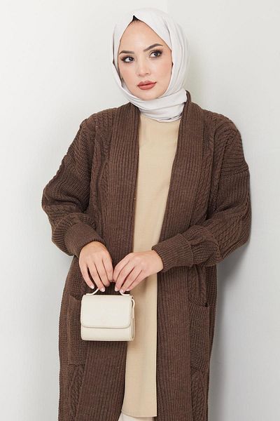 hafsamina Knitwear Brown Cardigan - Shawl Collar and Pocket Hm2534