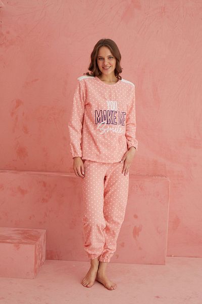 ELİTOL Salmon Smile Plush Fleece Pajama Set - Crew Neck, Point Pattern