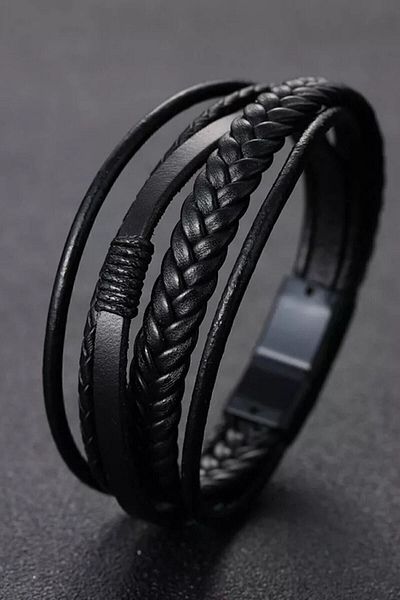 Erdem Men's Genuine Leather Bracelet Black Color Magnetic Buckle Braided Bracelet