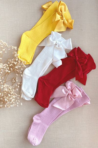 Esra's Store Комплект високи чорапи до коляното Bow Girl от 4 жълти, бели, червени, розови