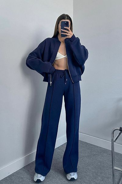 Neşeli Butik Γυναικεία φόρμα χειμερινής φόρμας Gts018 - Navy Blue, Three Thread Raster