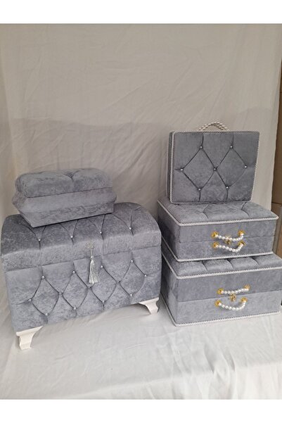 ÖzkınaEvi 5 Li Söz Nişan Bohça Gelin Düğün Çeyiz Sandığı Gri Renk