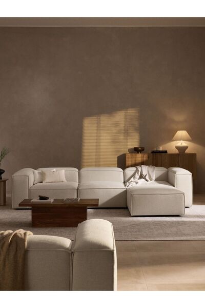 S Home Design Concept Frida 4 Modül Pofidik Modüler Kanepe L Köşe Koltuk Takımı, Keten, Kırık Beyaz