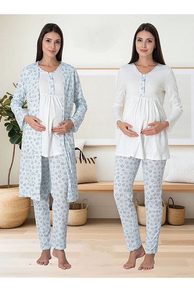 ByLohusa Set de pijamale de maternitate Effortt Maternity cu halat albastru