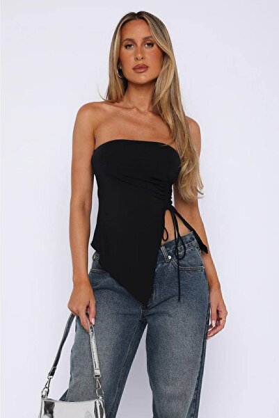 Edela Straplez Asimetrik Yırtmacı Bağcıklı Siyah Bluz 4014