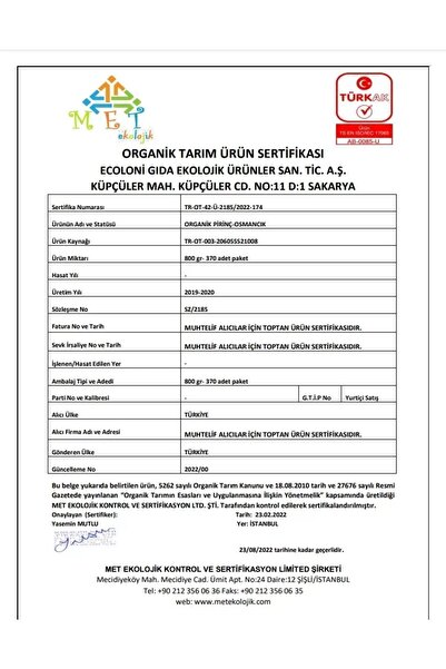 OG natural Organik Sertifikalı Osmancık Pirinç 800 Gr