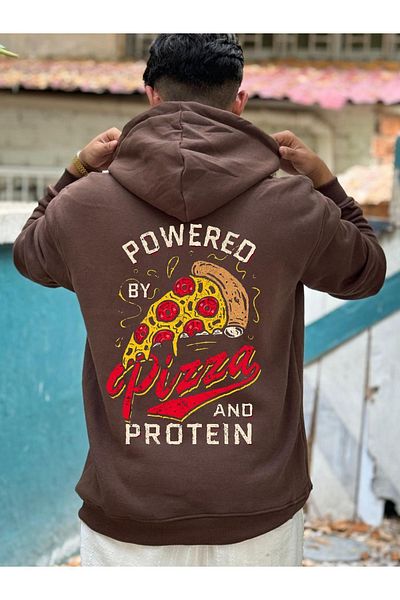 DEEPSENCE Φούτερ PIZZA Printed Unisex Oversize - Καφέ Κουκούλα